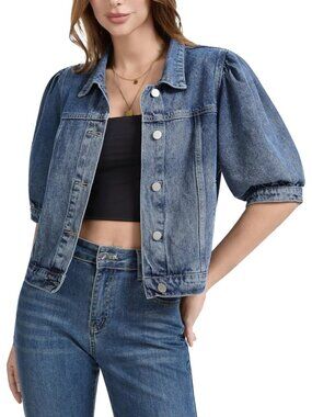 Women's Grey Blue Cropped Short Puff Sleeve Trendy Denim Jackets with Pockets